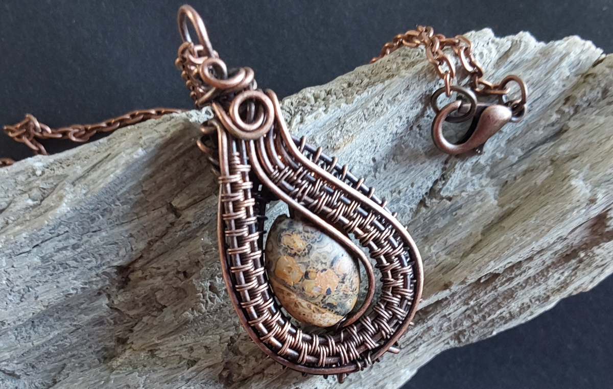 Copper wire weave Picture Jasper dangly earrings with Niobium hypoallergenic ear wires