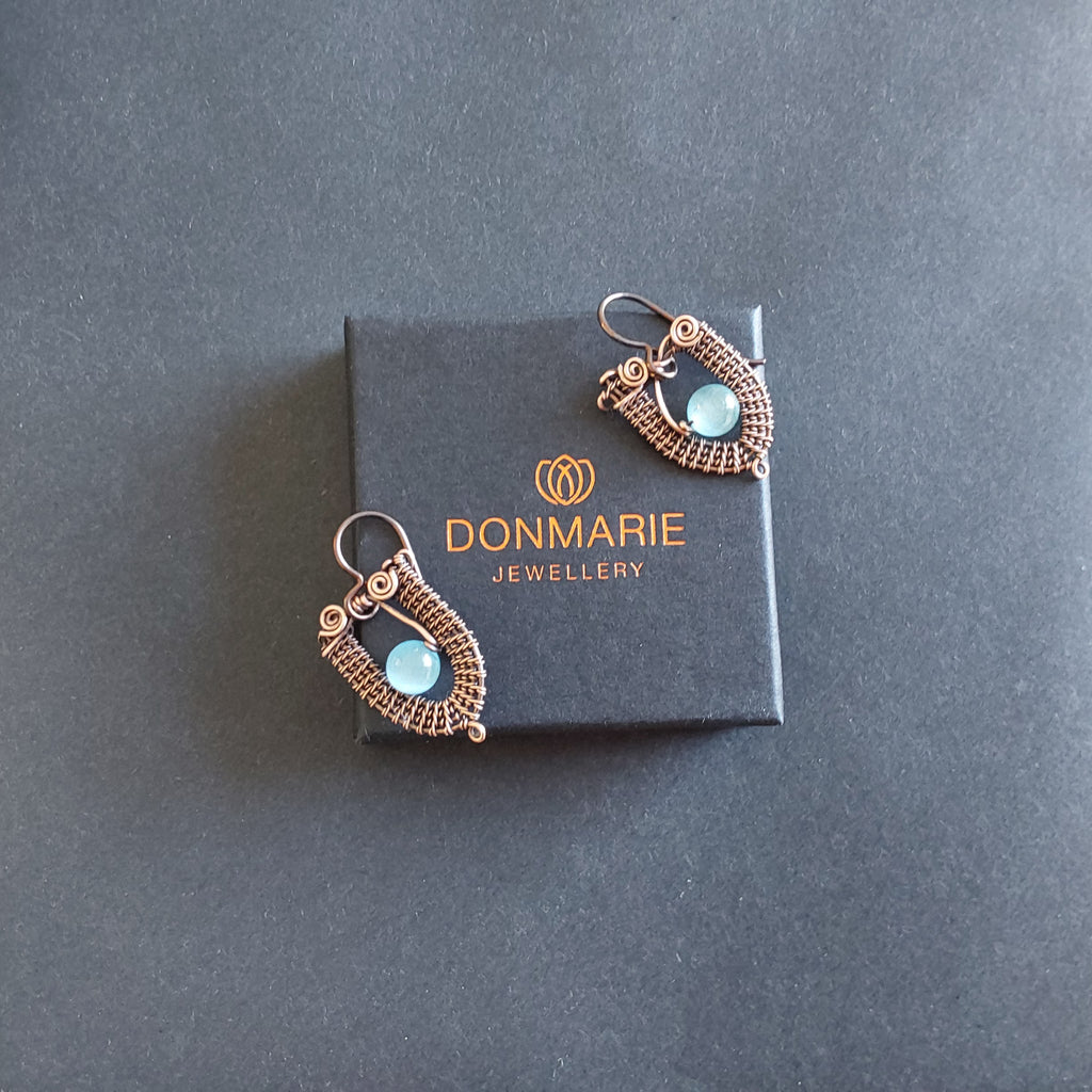 Copper wire weave Blue Cats Eye dangly earrings with Niobium hypoallergenic ear wires