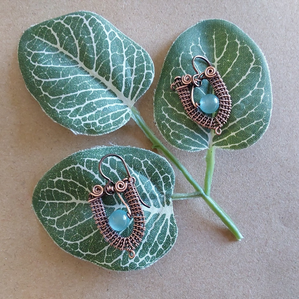 Copper wire weave Blue Cats Eye dangly earrings with Niobium hypoallergenic ear wires