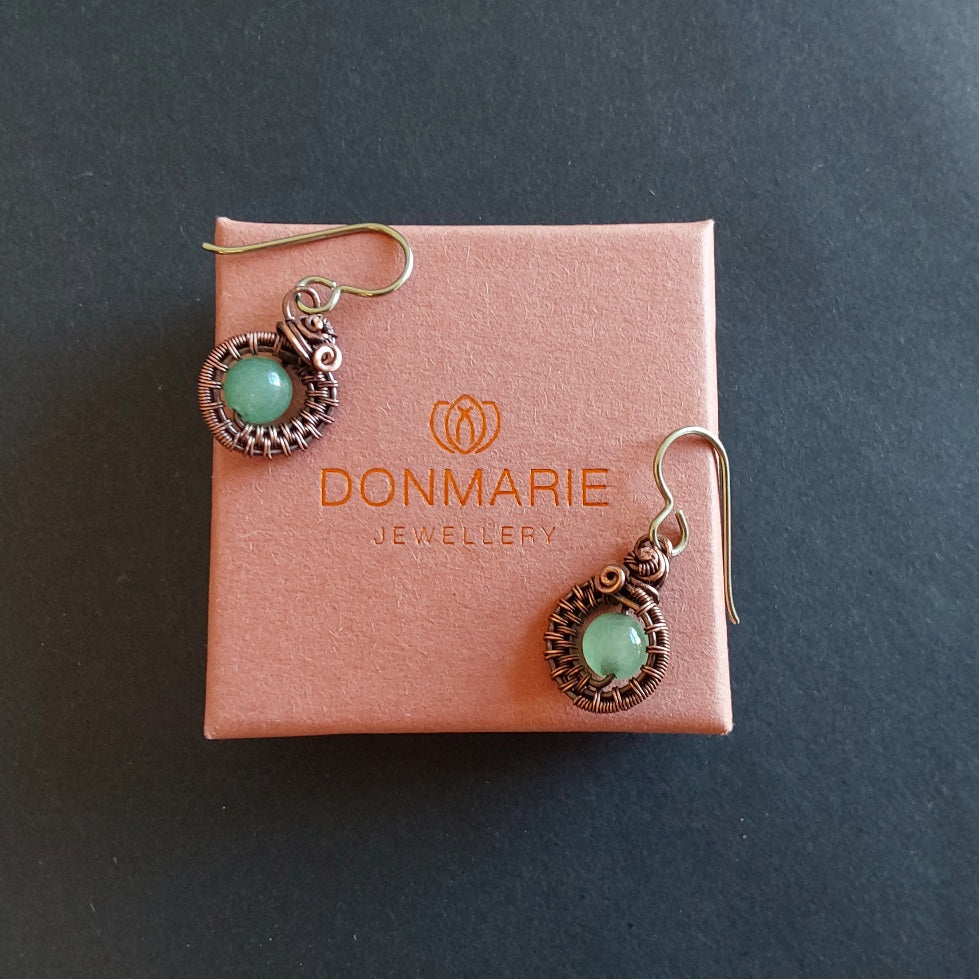 Semi-precious green Aventurine, antiqued copper wire weave non-tarnishing dangly earrings, approximately 1.5 cm in length, and fitted with Niobium hypoallergenic ear wires