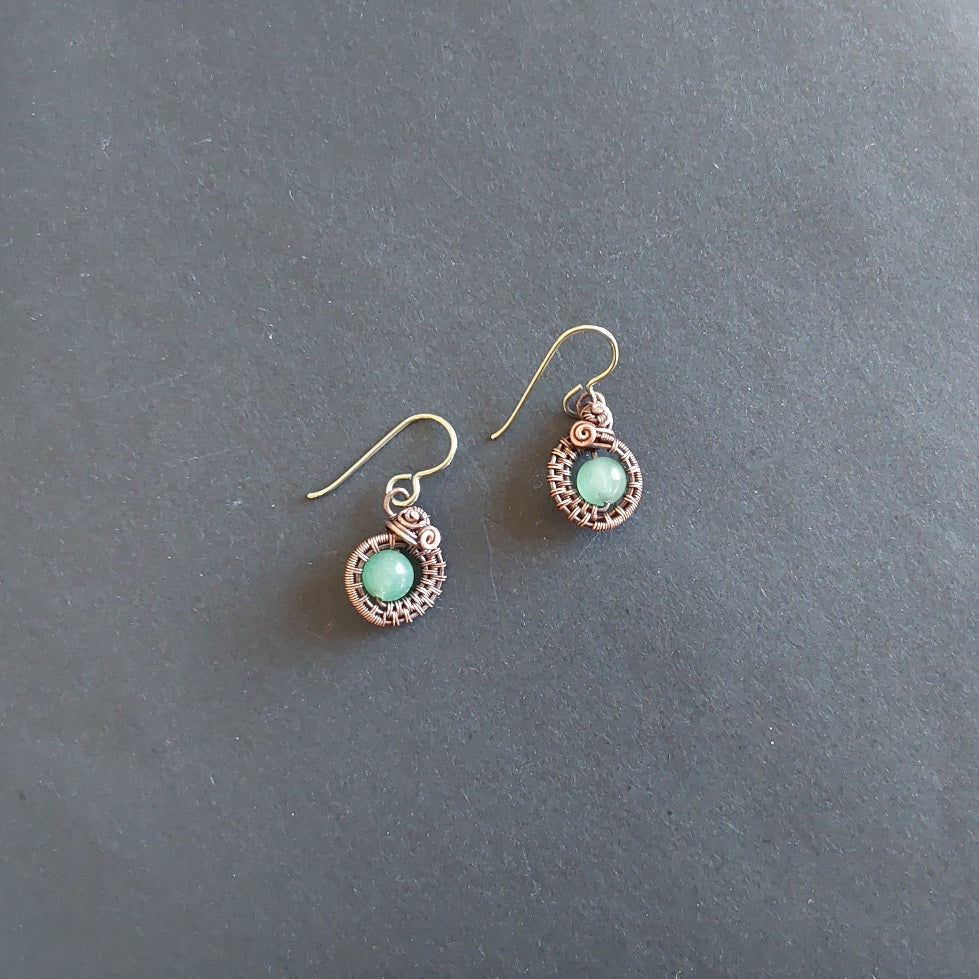 Semi-precious green Aventurine, antiqued copper wire weave non-tarnishing dangly earrings, approximately 1.5 cm in length, and fitted with Niobium hypoallergenic ear wires