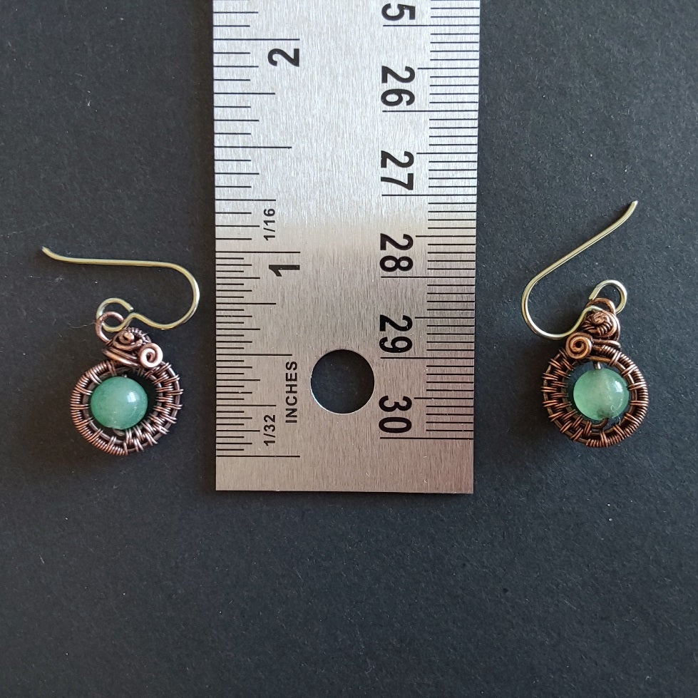 Semi-precious green Aventurine, antiqued copper wire weave non-tarnishing dangly earrings, approximately 1.5 cm in length, and fitted with Niobium hypoallergenic ear wires