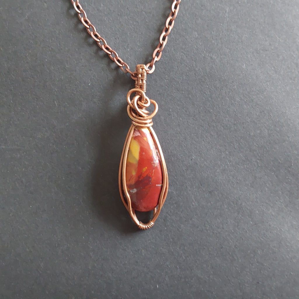 Wire wrapped Mookaite pendant and chain