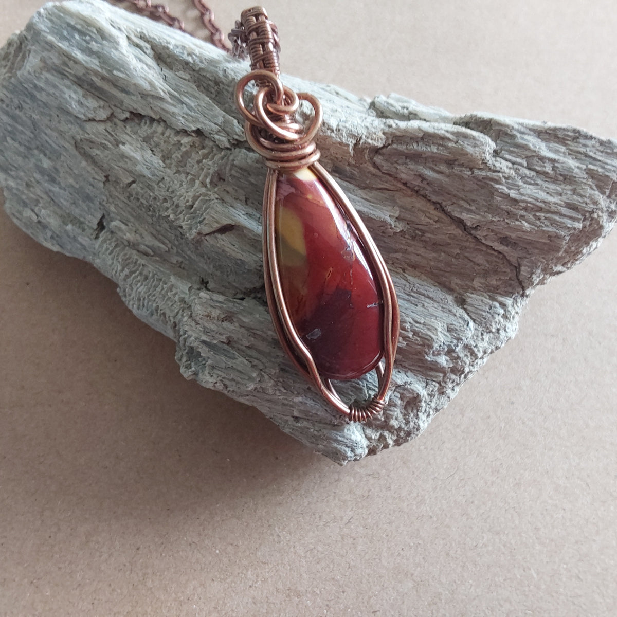 Wire wrapped Mookaite pendant and chain