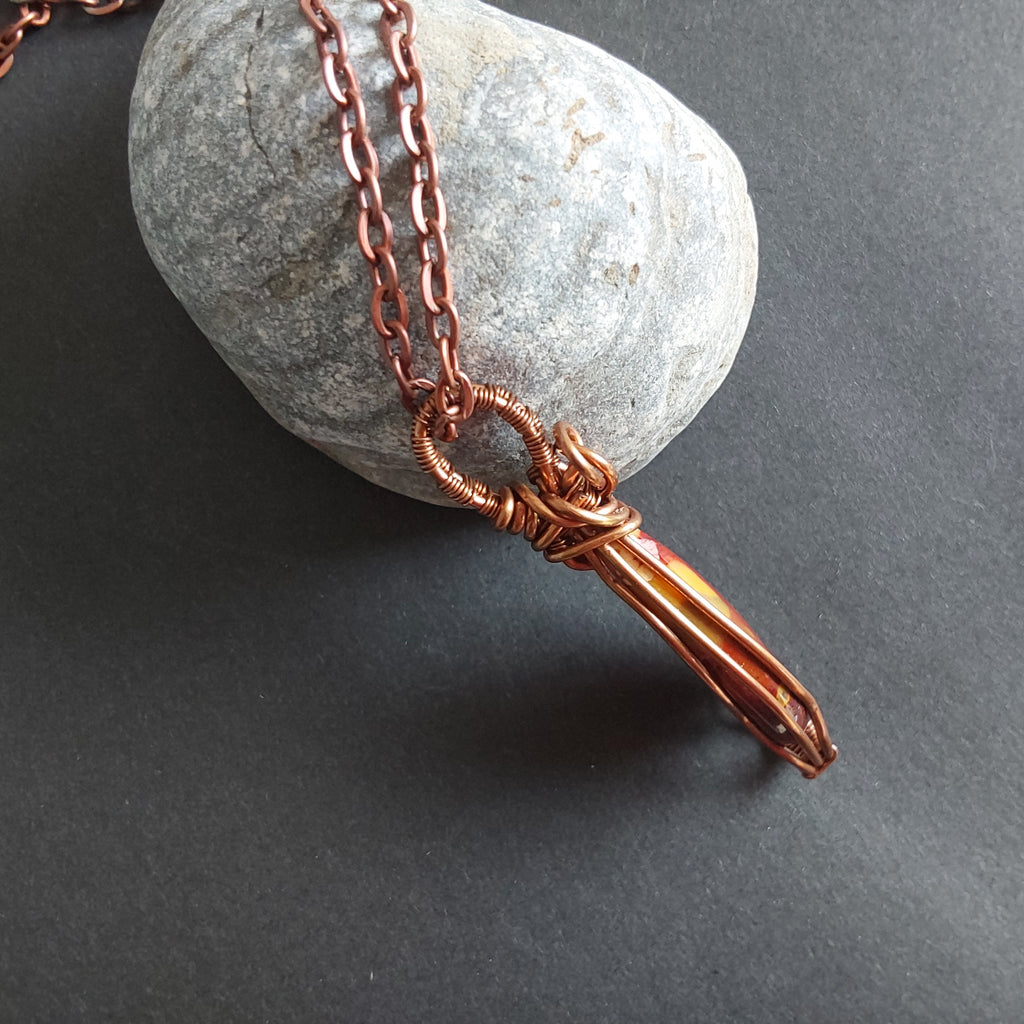 Wire wrapped Mookaite pendant and chain