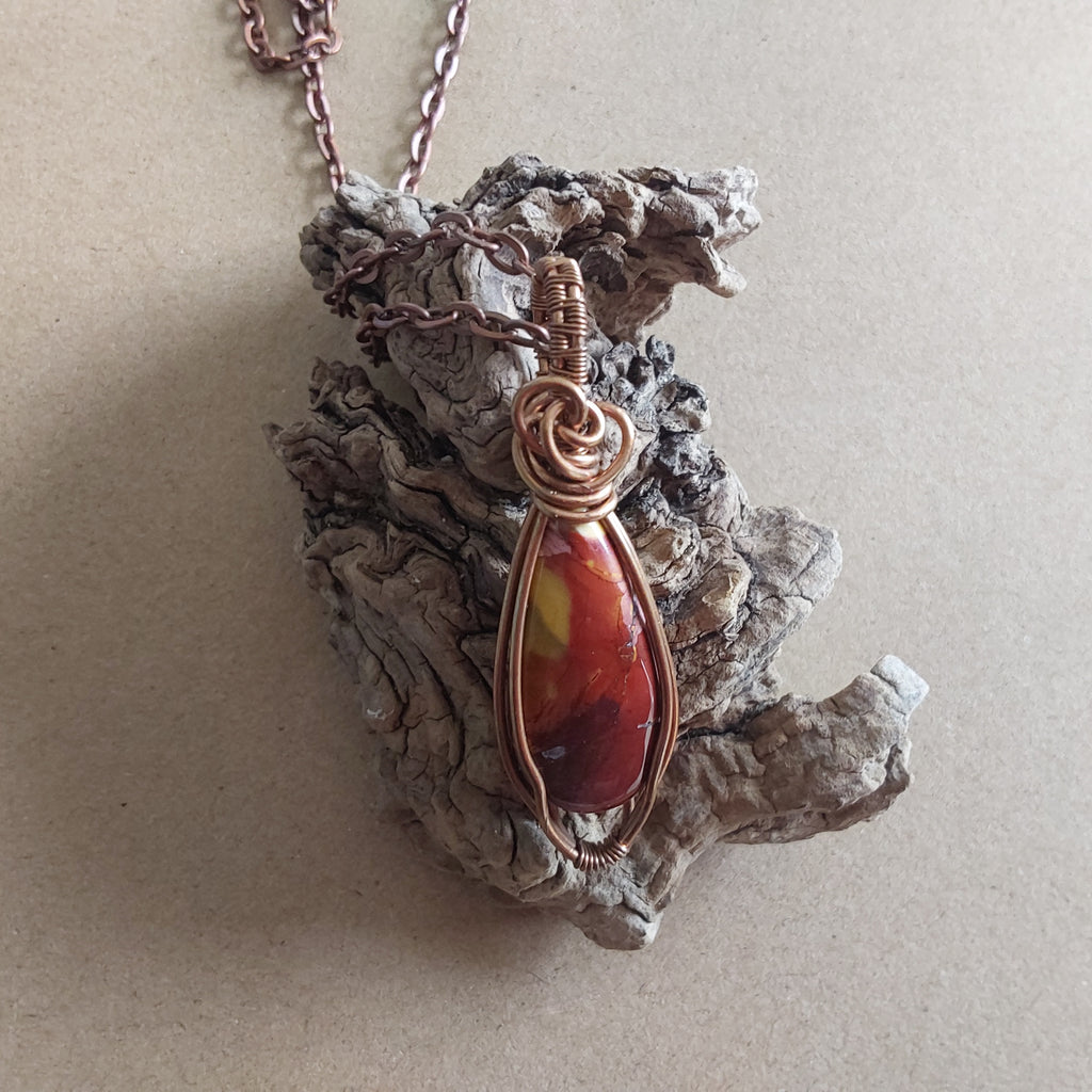 Wire wrapped Mookaite pendant and chain