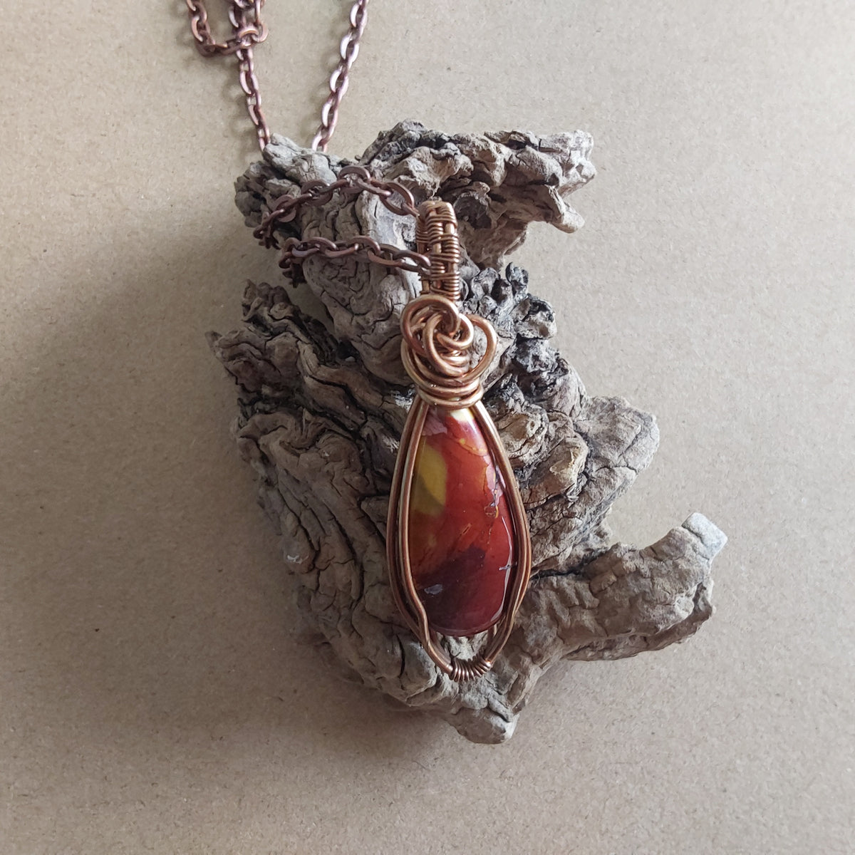Wire wrapped Mookaite pendant and chain