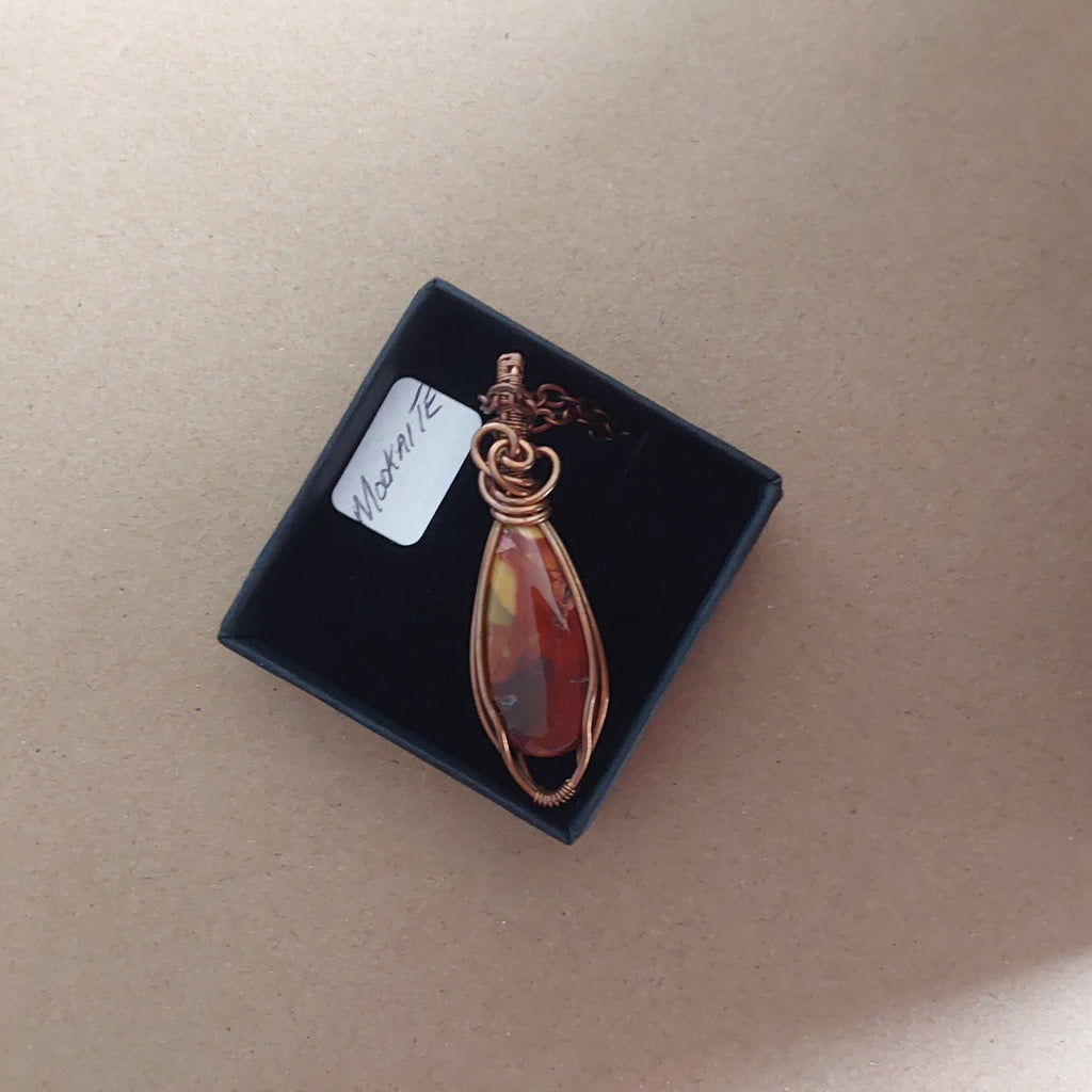 Wire wrapped Mookaite pendant and chain