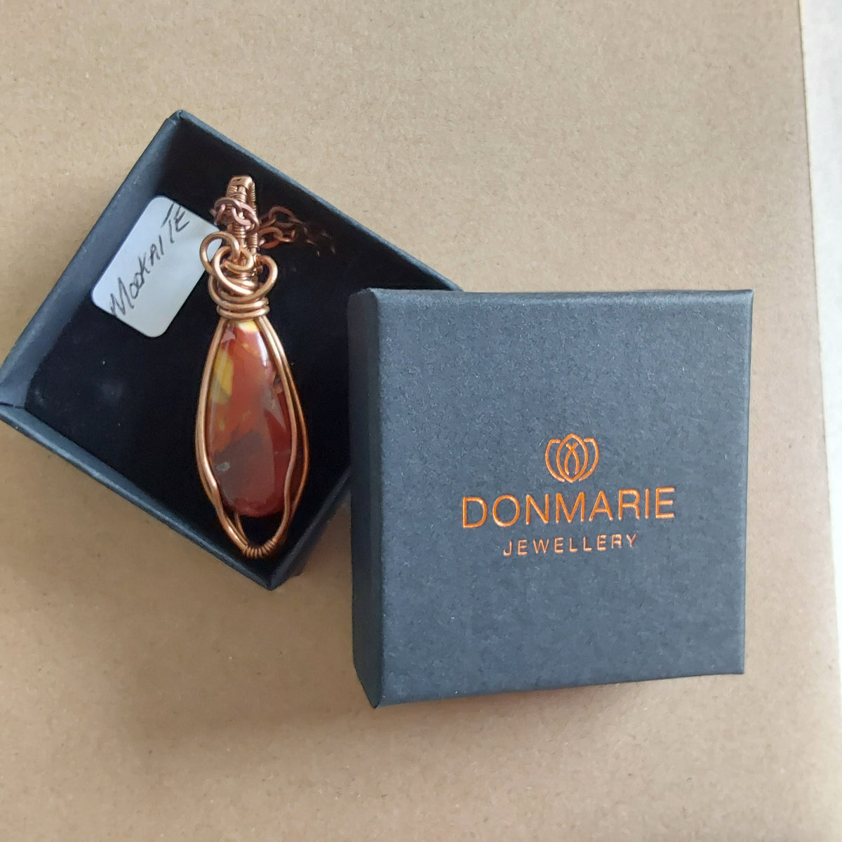 Wire wrapped Mookaite pendant and chain
