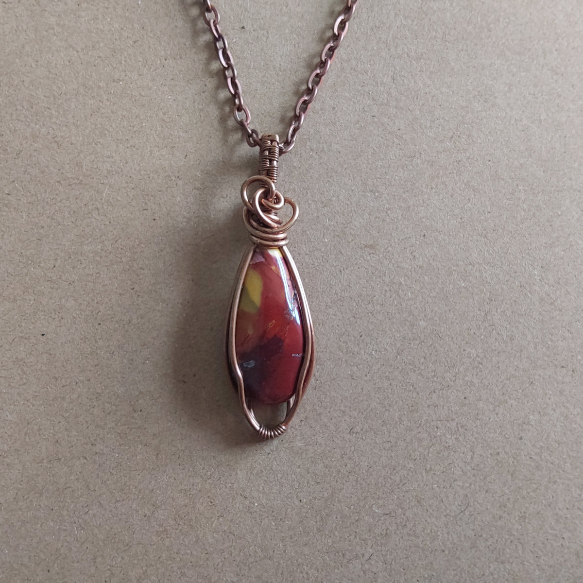 Wire wrapped Mookaite pendant and chain